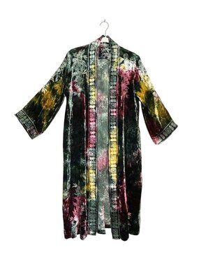 Kyla Seo Embroidered Velvet Zia Kimono Jacket in Redwood Tie-Dye - Sz S - New